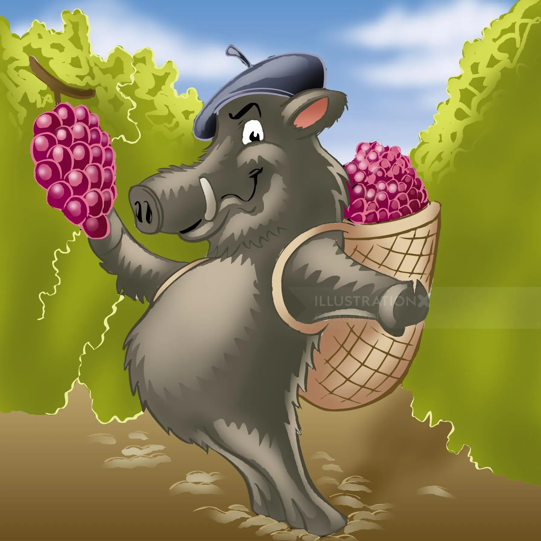 Happy cartoon wild boar with grapes and basket in vineyard