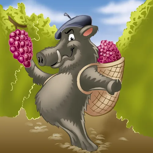Happy cartoon wild boar with grapes and basket in vineyard