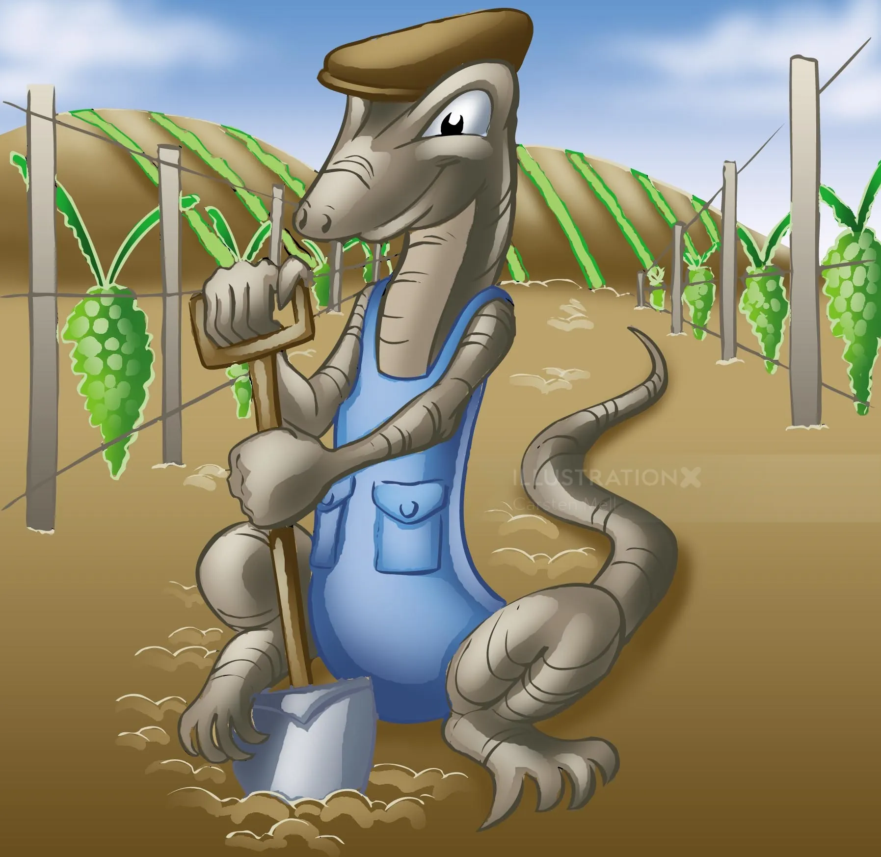 Dinosaur in blue overalls holding shovel in grape vineyard