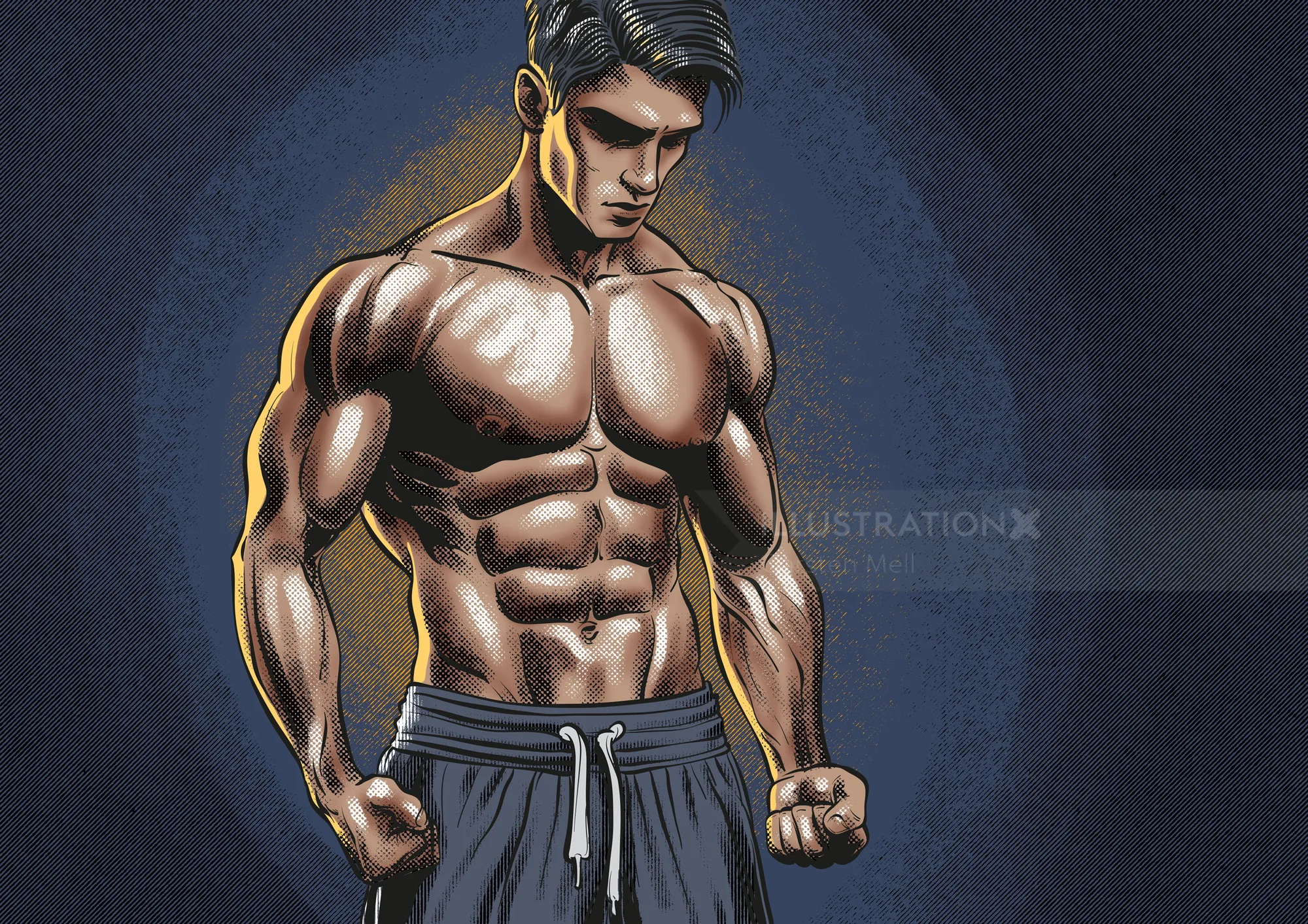 Muscular man displaying defined abs and strong physique in workout shorts