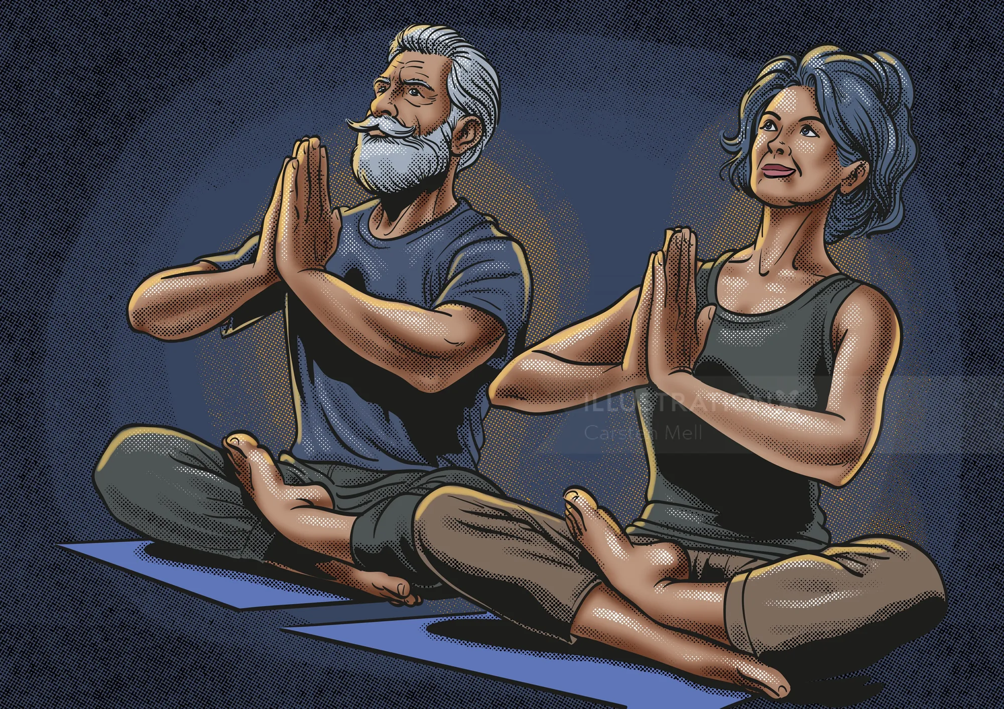 Elderly couple sitting cross-legged, meditating with hands in prayer