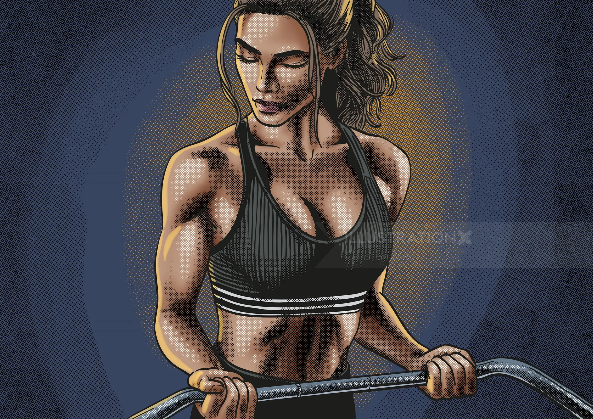 Fit woman lifting weights with determination in gym illustration