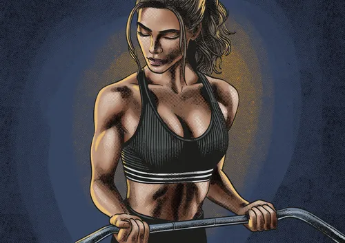 Fit woman lifting weights with determination in gym illustration