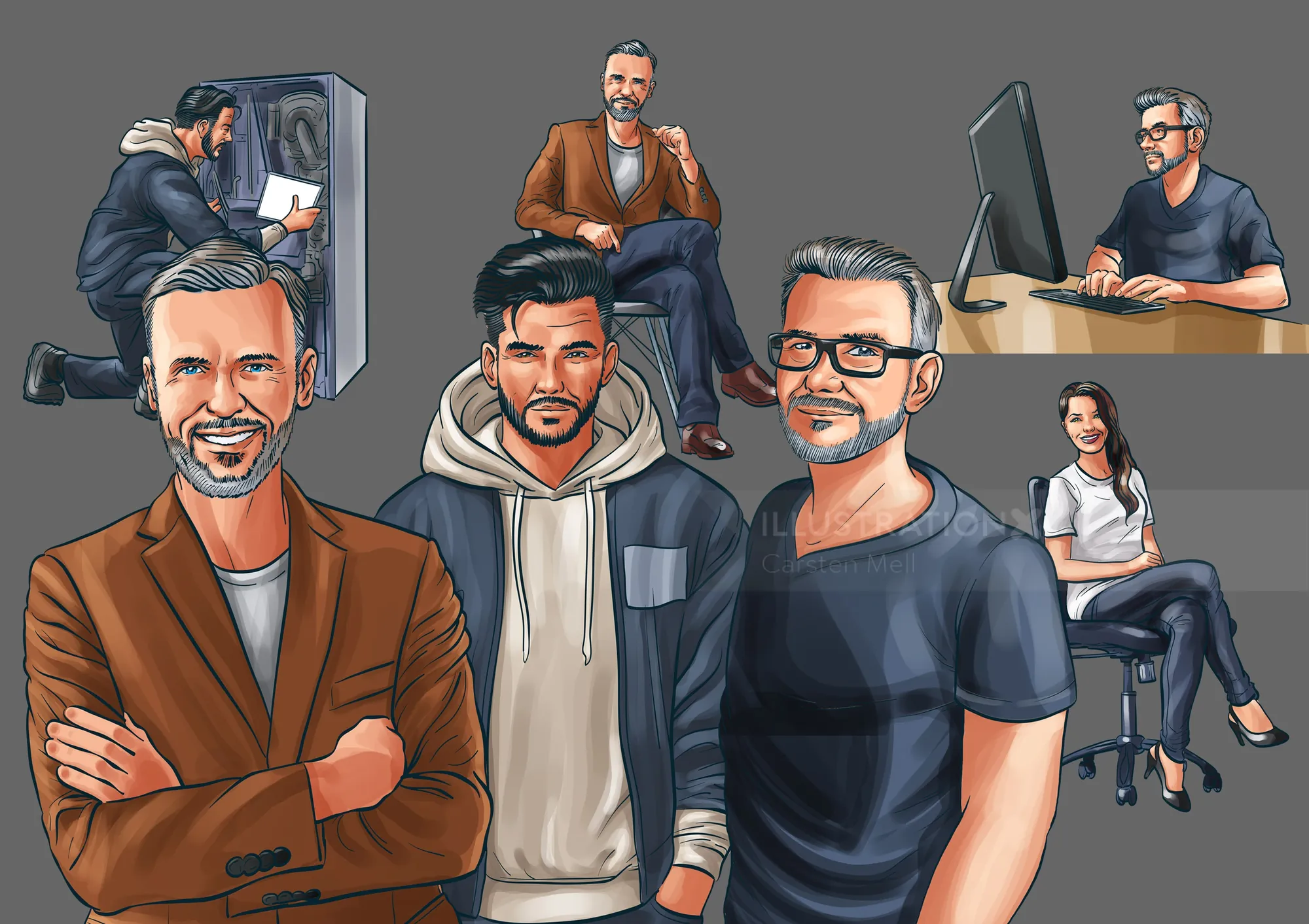 Group of diverse professionals working and posing in casual clothing.