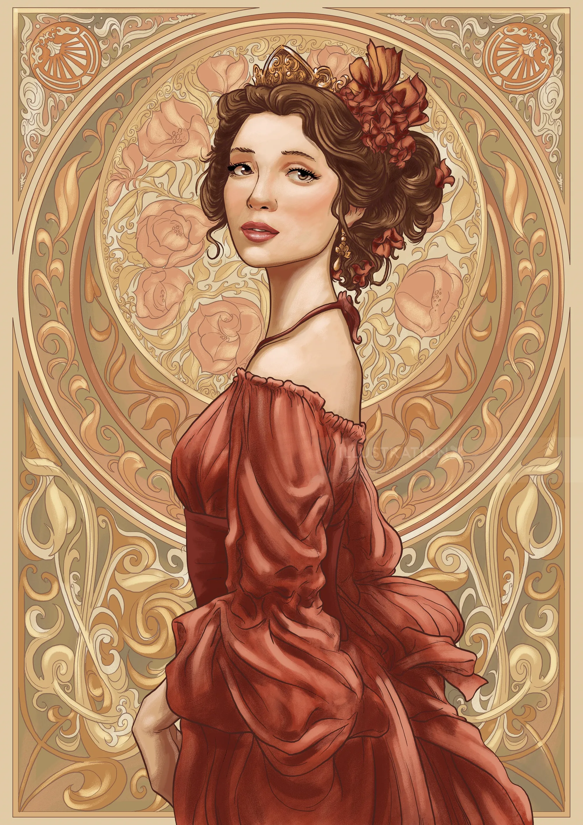 Portrait of woman in red dress with floral headpiece by Carsten Mell
