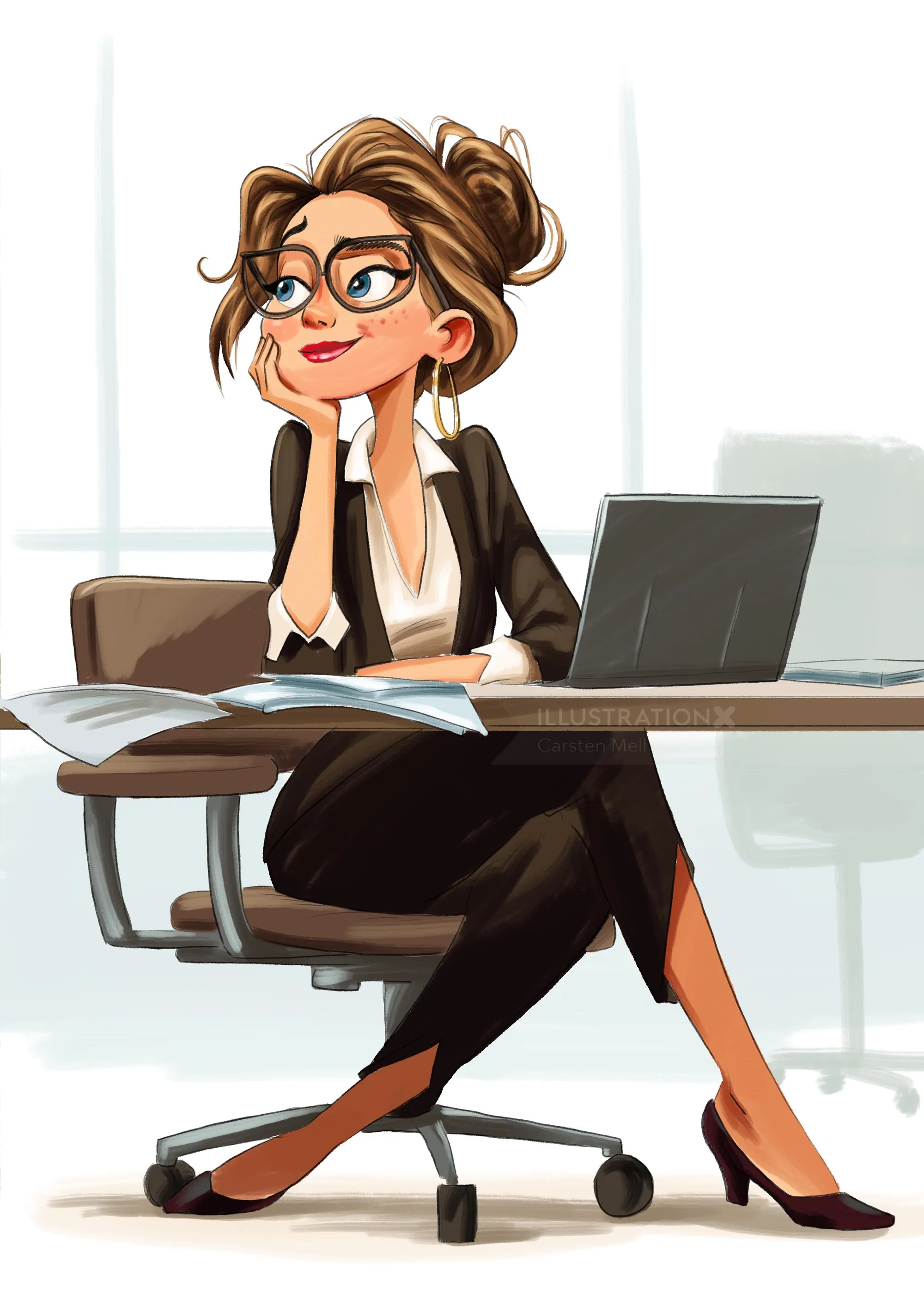 Woman sitting thoughtfully at office desk with laptop and papers by Carsten Mell