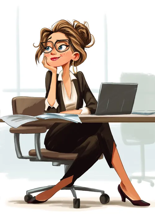 Woman sitting thoughtfully at office desk with laptop and papers by Carsten Mell
