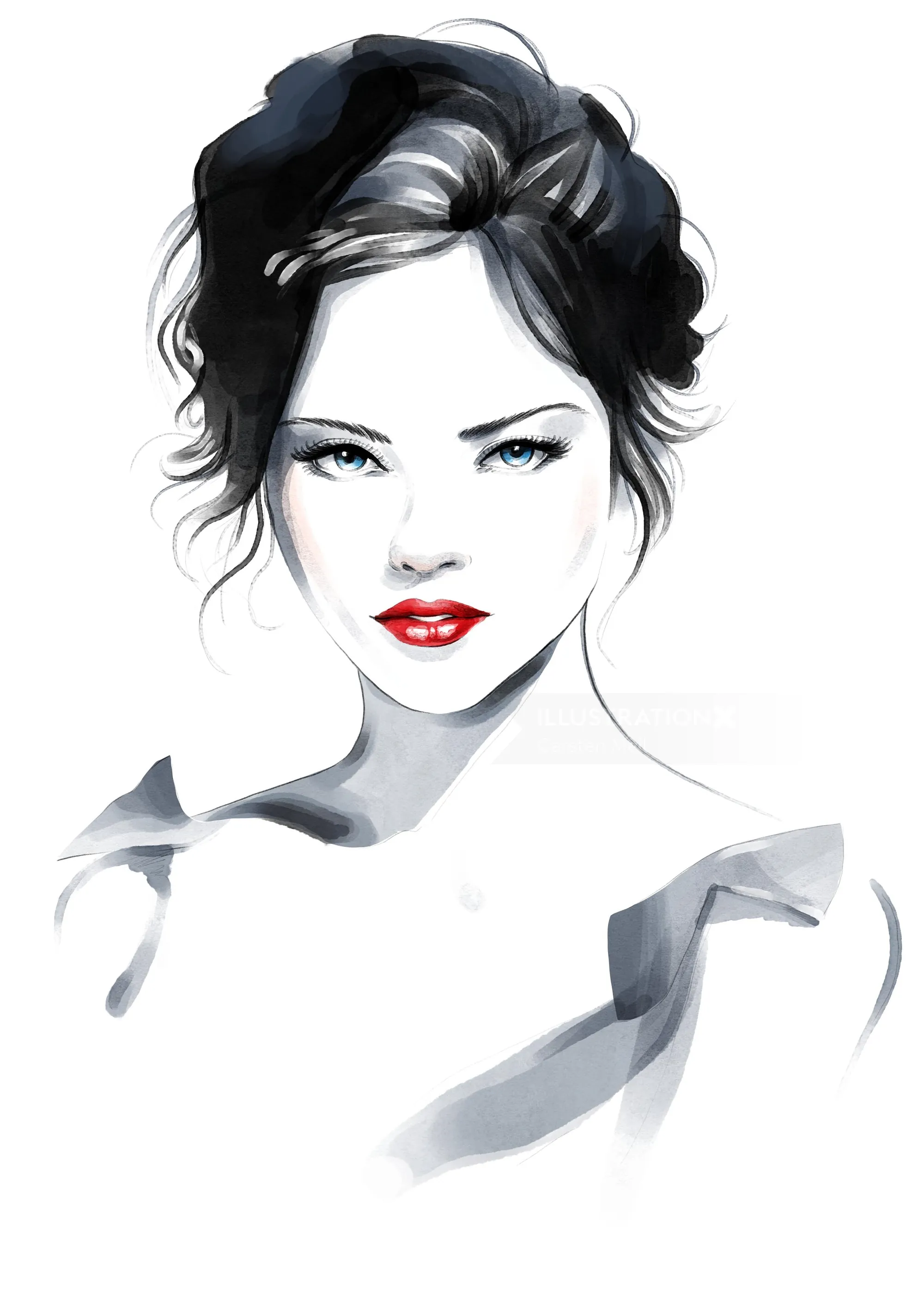 Stylized black and white portrait of woman with red lips by Carsten Mell