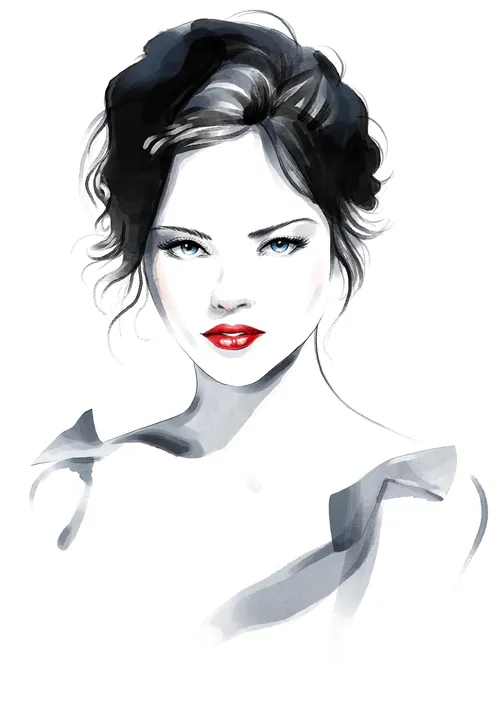 Stylized black and white portrait of woman with red lips by Carsten Mell
