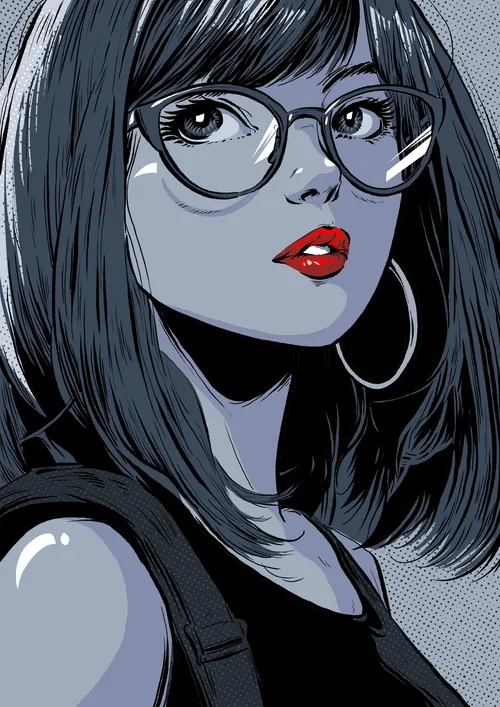 Stylized portrait of a woman with glasses, red lips, and dark hair by Carsten Mell