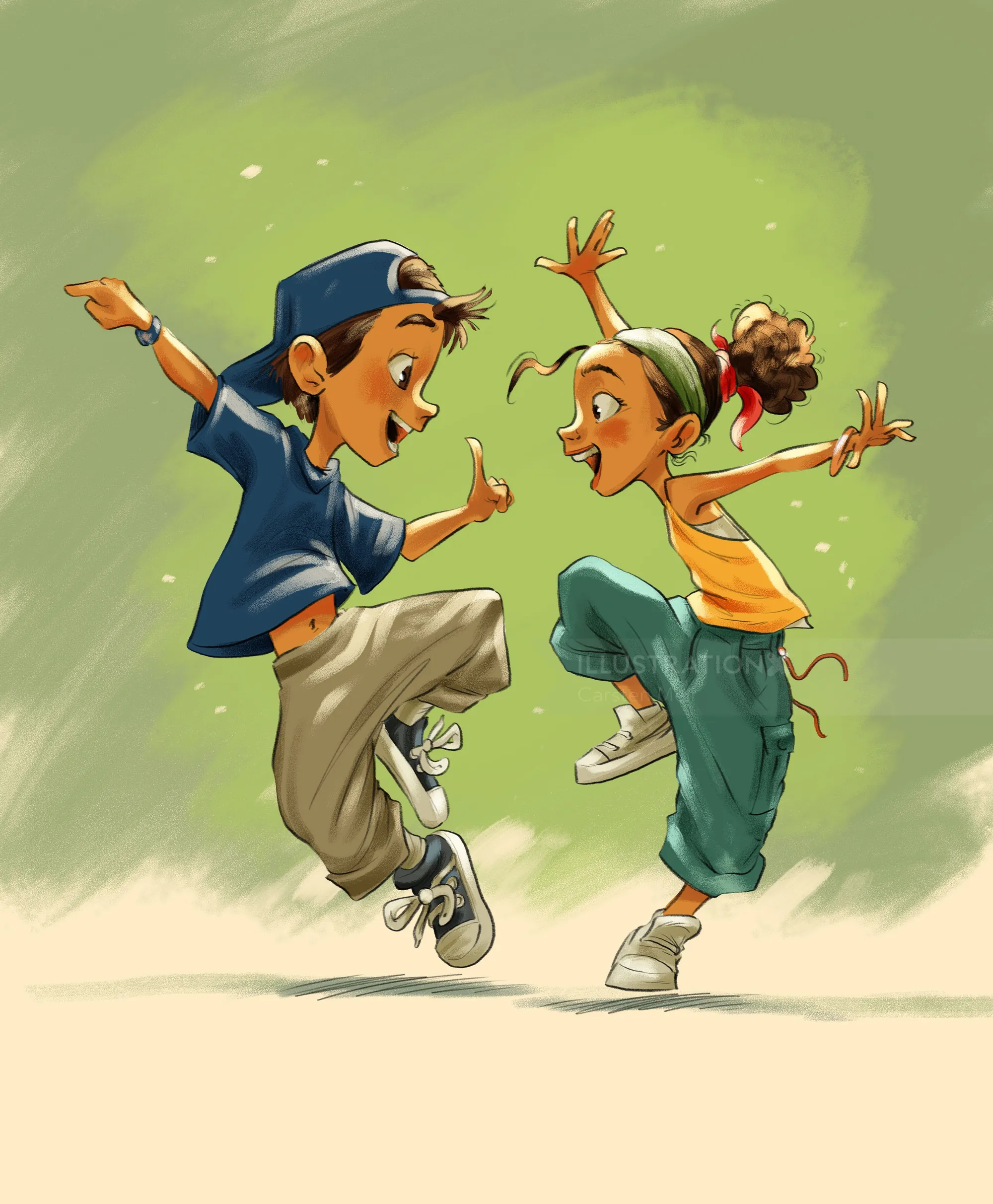 Two children dancing and jumping happily, illustration by Carsten Mell
