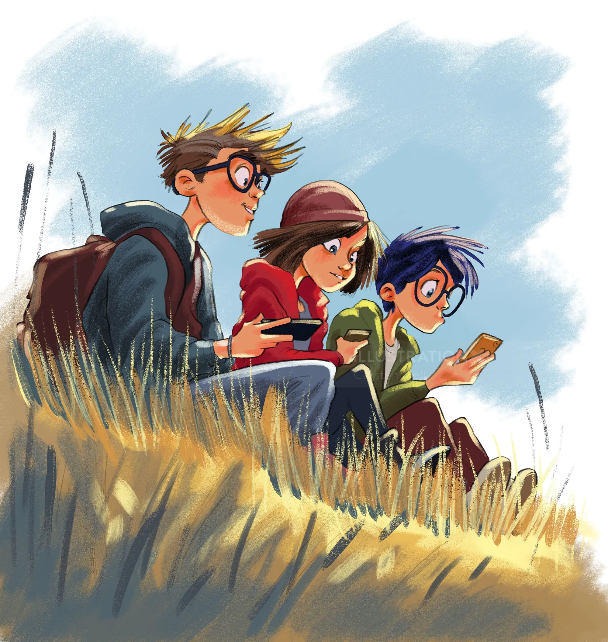 Three teens sitting in grass reading books, illustrated by Carsten Mell