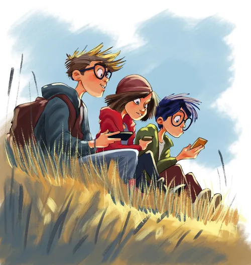 Three teens sitting in grass reading books, illustrated by Carsten Mell