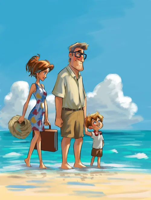 Cartoon family of three standing on beach shore by the ocean by Carsten Mell