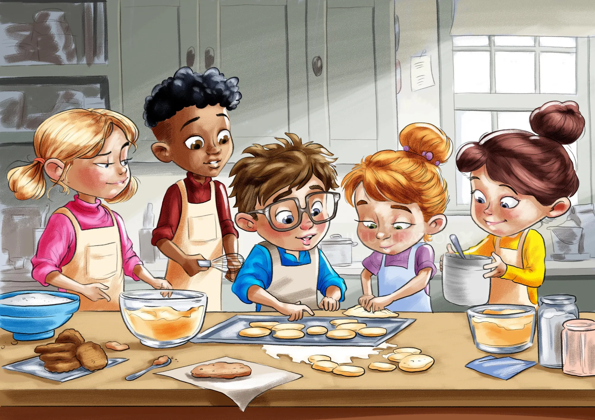 Five children baking cookies in kitchen by Carsten Mell