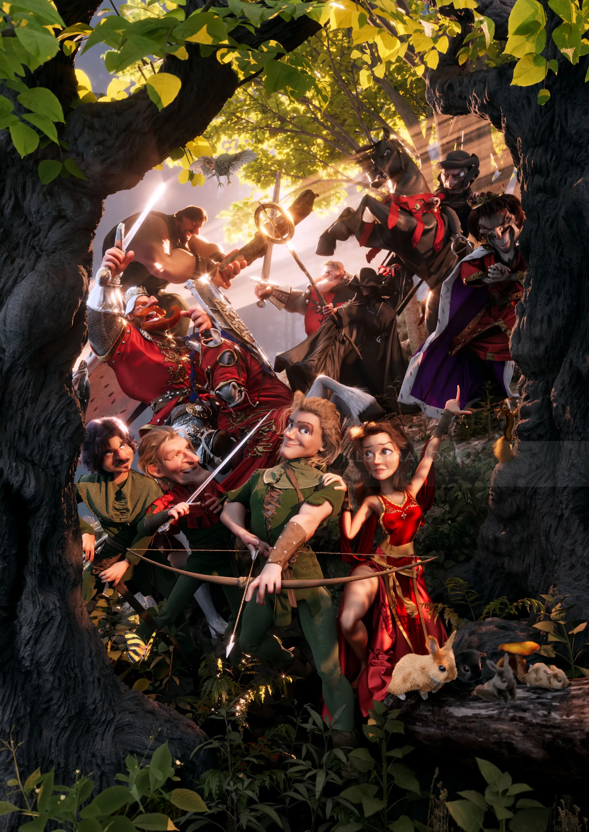 Fantasy battle scene with warriors and archers in glowing forest by Carsten Mell