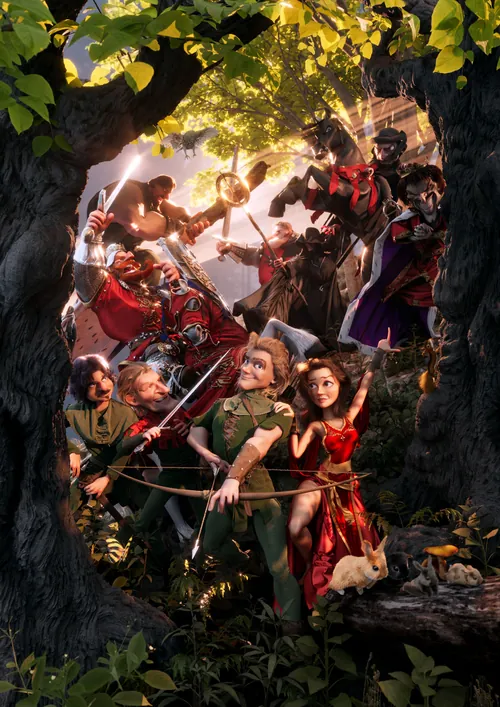Fantasy battle scene with warriors and archers in glowing forest by Carsten Mell