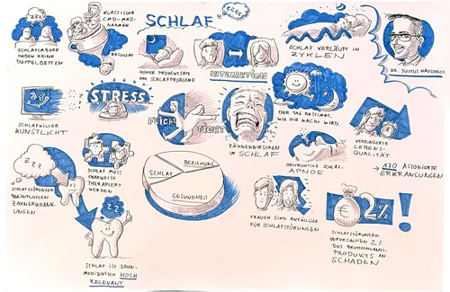 Carsten Mell’s hand-drawn German infographic about sleep, stress, dreams, and brain activity.