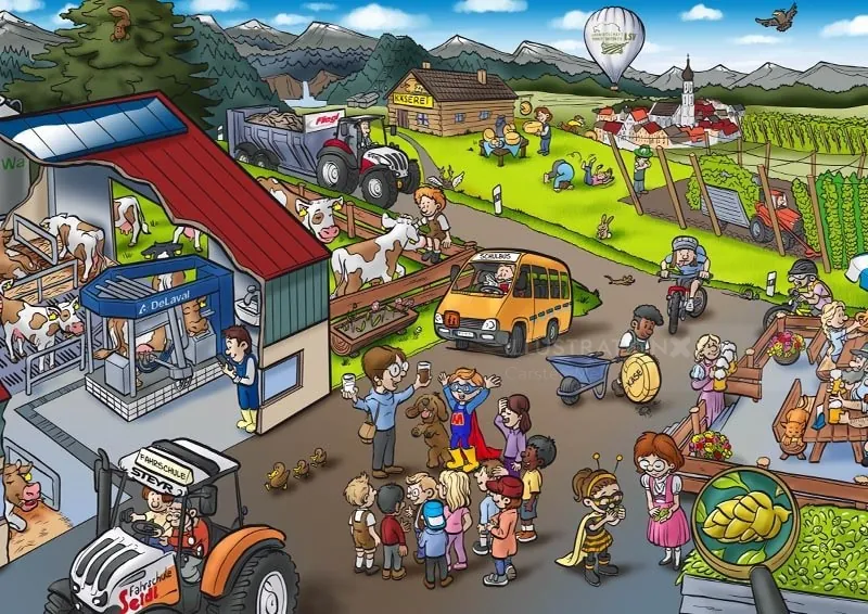 Illustration by Carsten Mell showing a busy countryside farm fair with machinery and crowds.
