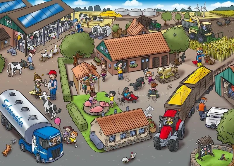 Carsten Mell illustration of a busy rural village with farm animals, tractors, stalls, and a bus