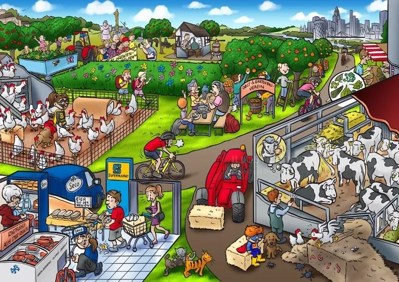Carsten Mell illustration of a busy farm and village with animals, gardens, markets, and city buildi