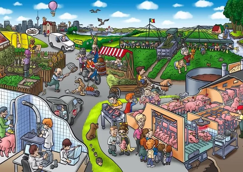 Busy farm fair with animals and visitors, illustrated by Carsten Mell.