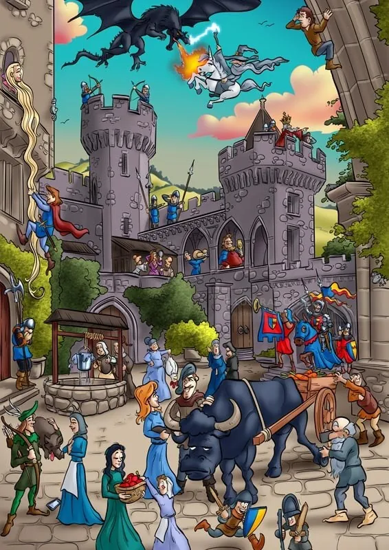 Carsten Mell illustration of a medieval castle festival with knights, villagers, horses, and dragons