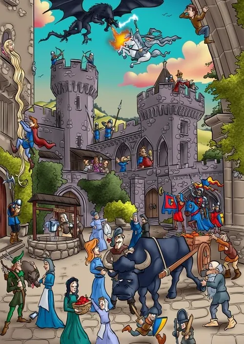 Carsten Mell illustration of a medieval castle festival with knights, villagers, horses, and dragons