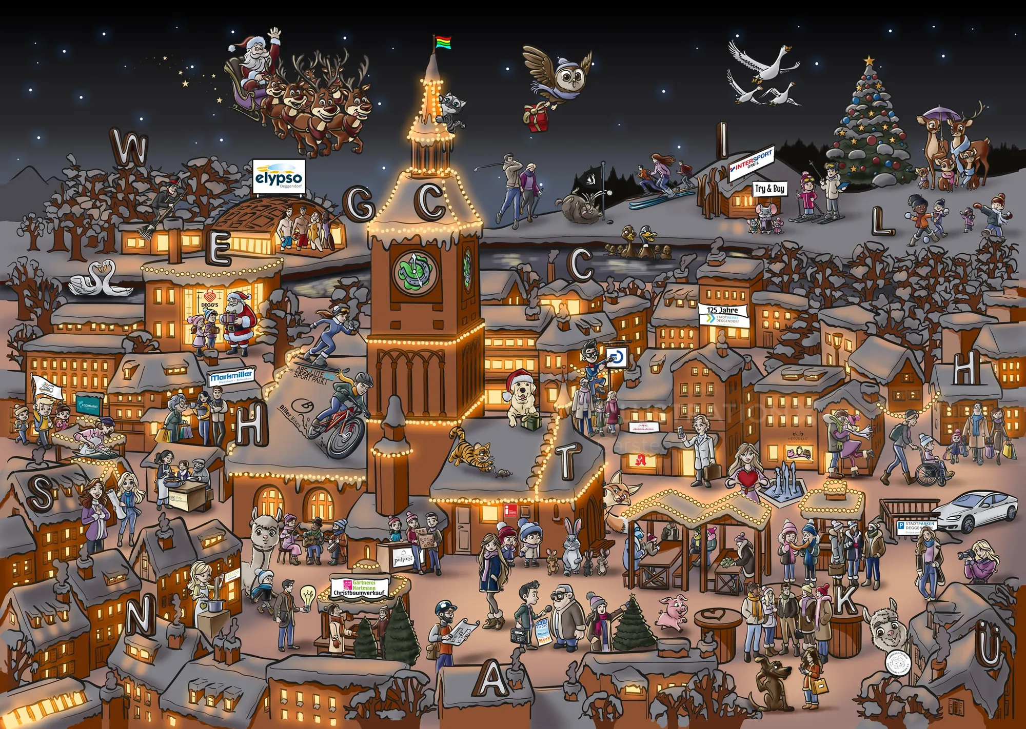 Carsten Mell illustration of a detailed snowy Christmas village with a central clock tower