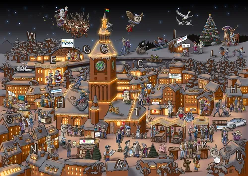 Carsten Mell illustration of a detailed snowy Christmas village with a central clock tower