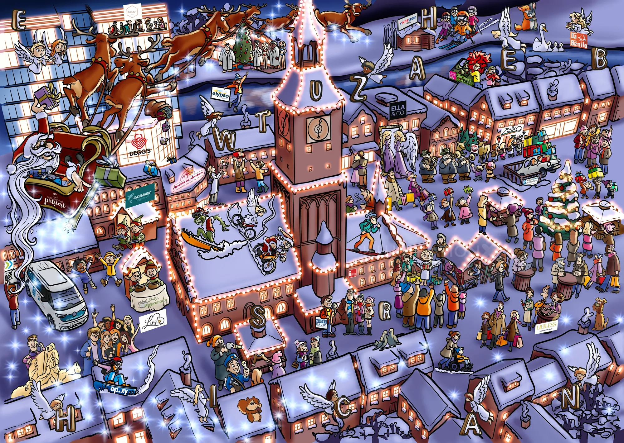 Carsten Mell illustration of a snowy isometric market town with shops and a clock tower
