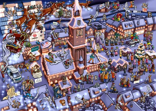 Carsten Mell illustration of a snowy isometric market town with shops and a clock tower