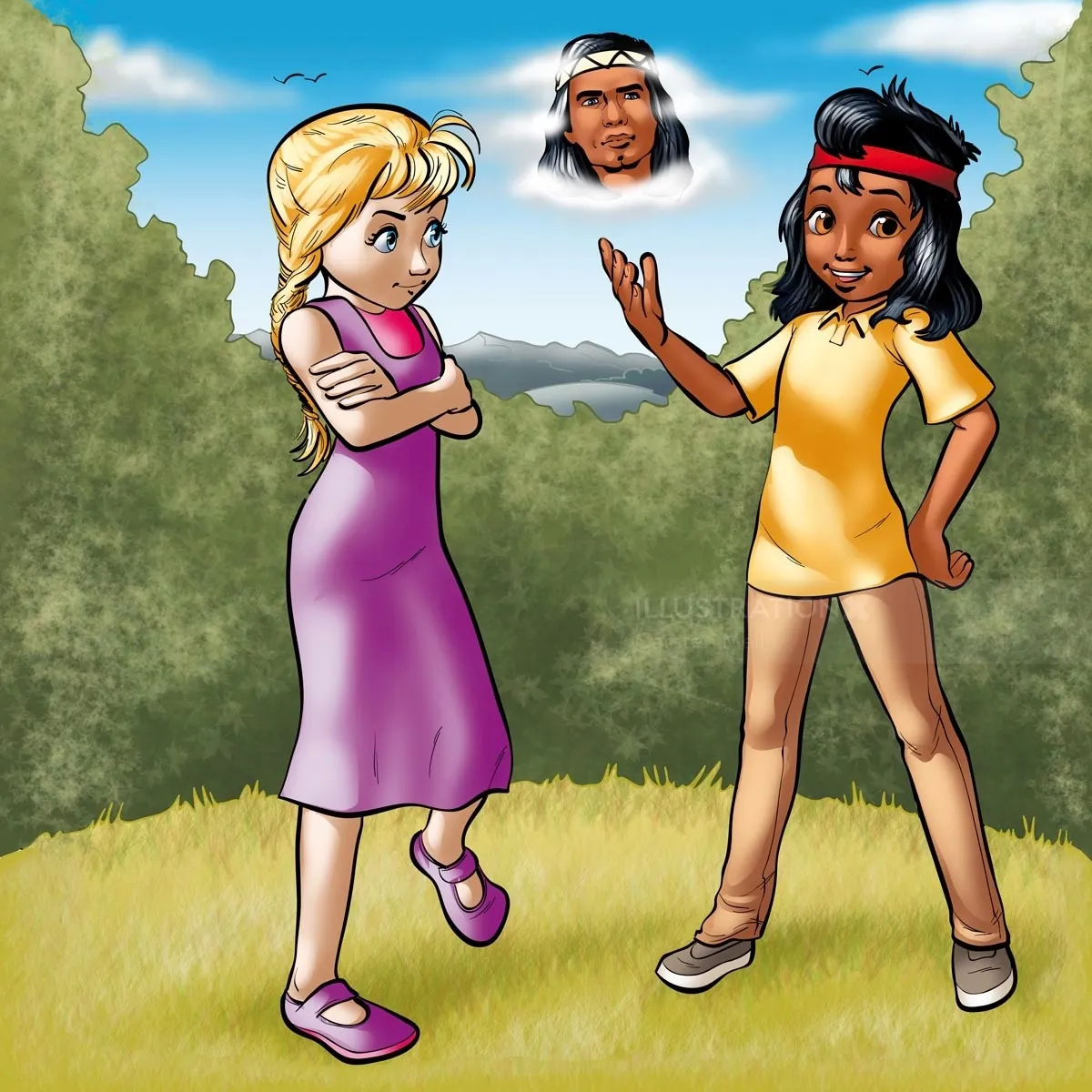 Two girls outside with a thought bubble showing a man's face by Carsten Mell