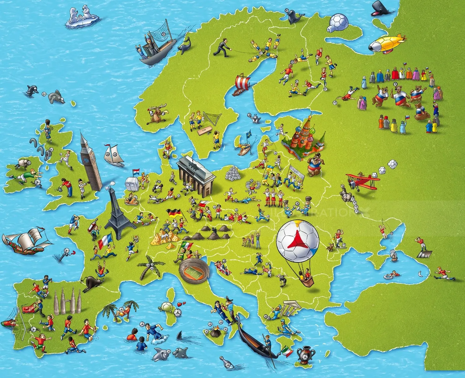 Illustrated map of Europe with landmarks, ships, and people by Carsten Mell