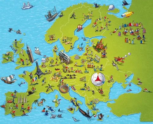 Illustrated map of Europe with landmarks, ships, and people by Carsten Mell
