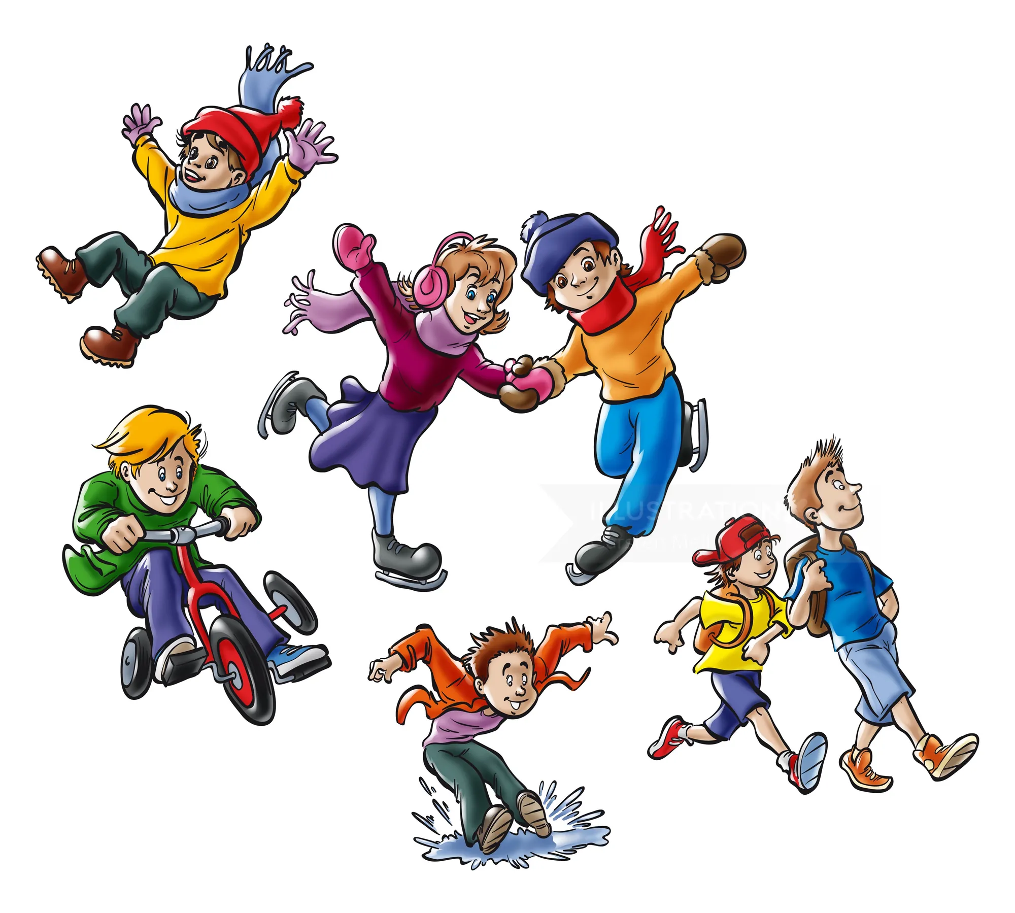 Illustration of children playing and riding bikes by Carsten Mell