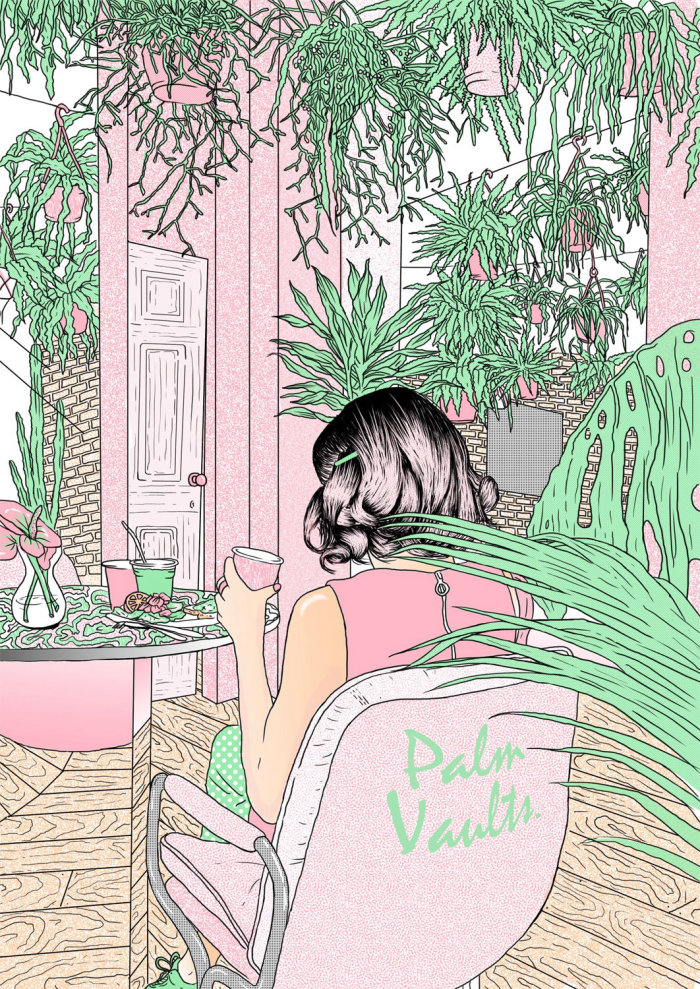 Ilustração do estilo de vida de uma senhora no café Palm Vaults