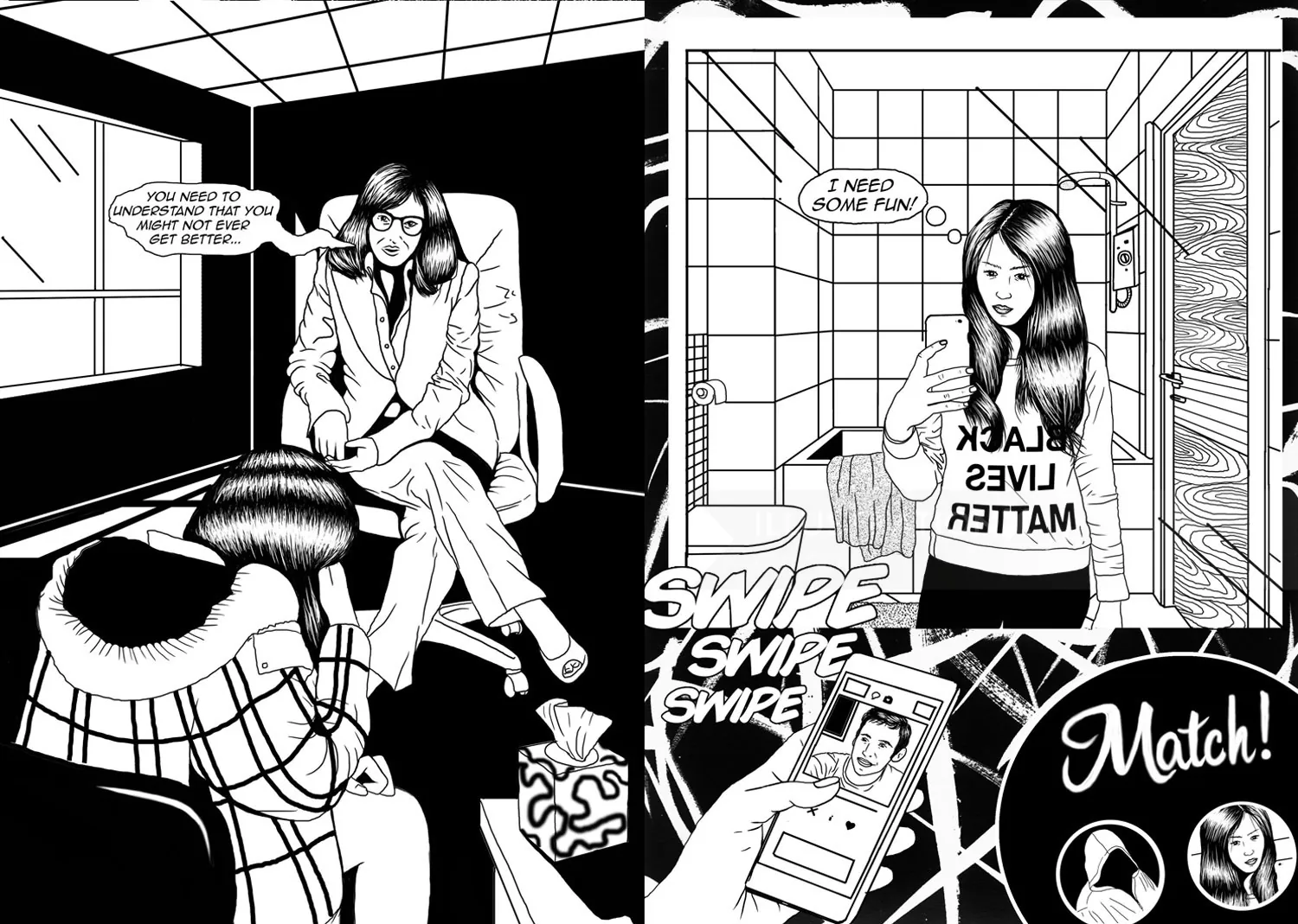 Black Lives Matter comic panels featuring a woman and a photographer by Cat Sims