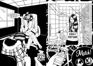 Black Lives Matter comic panels featuring a woman and a photographer by Cat Sims