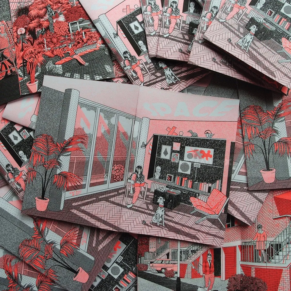 Cat Sims illustration of red palms, storefronts, pedestrians, and geometric urban architecture