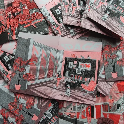 Cat Sims illustration of red palms, storefronts, pedestrians, and geometric urban architecture