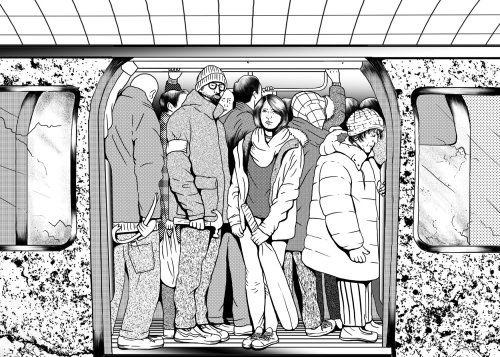 Ilustração a preto e branco da multidão no metro