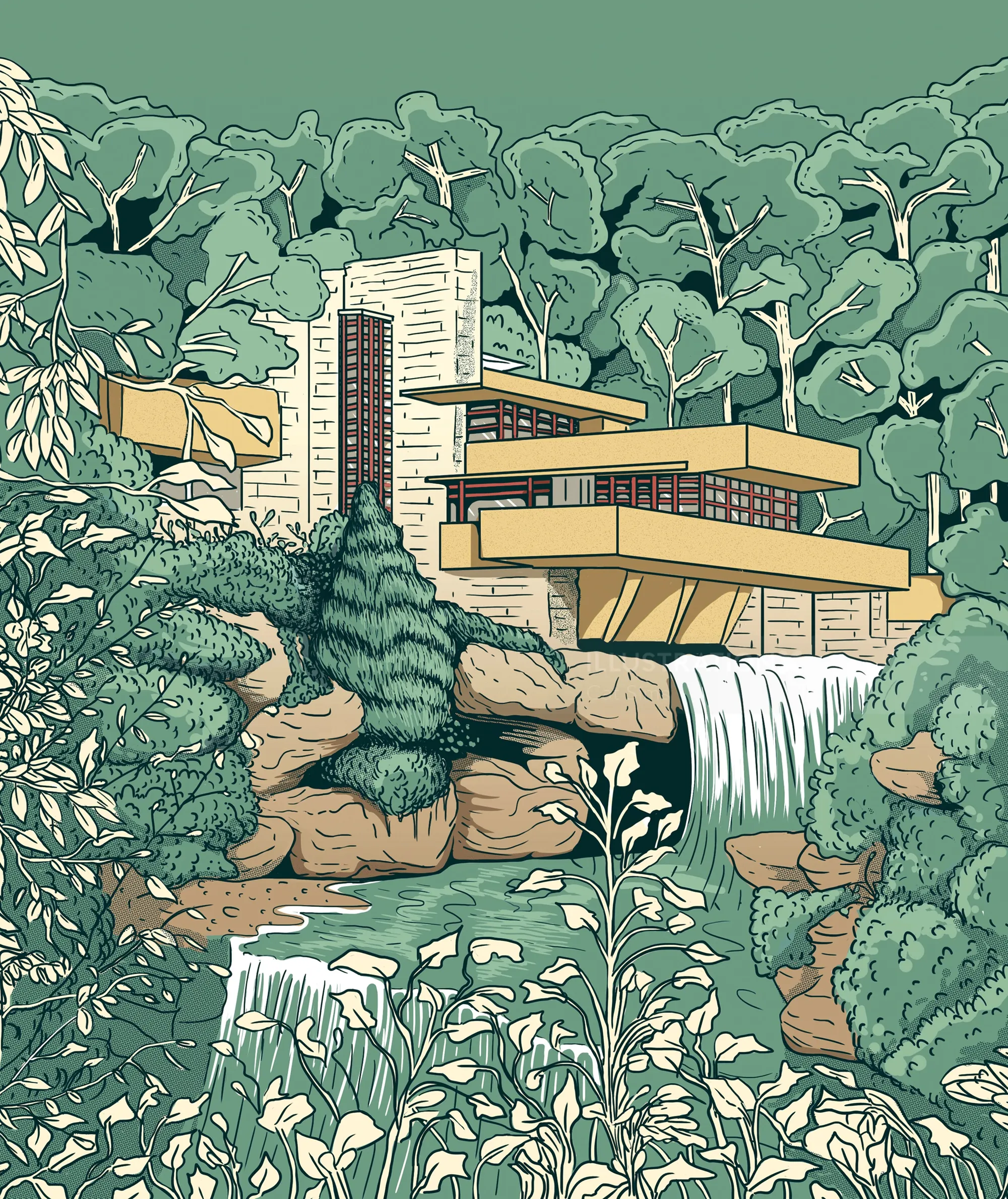Modern house near waterfall and forest by Cat Sims