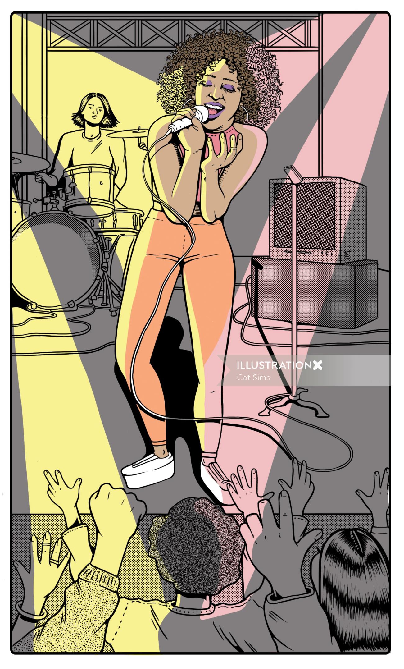 Comic illustration of lady singer