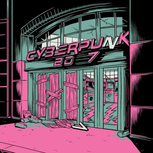 Boarded-up entrance with Cyberpunk 2077 sign by Cat Sims