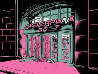 Boarded-up entrance with Cyberpunk 2077 sign by Cat Sims