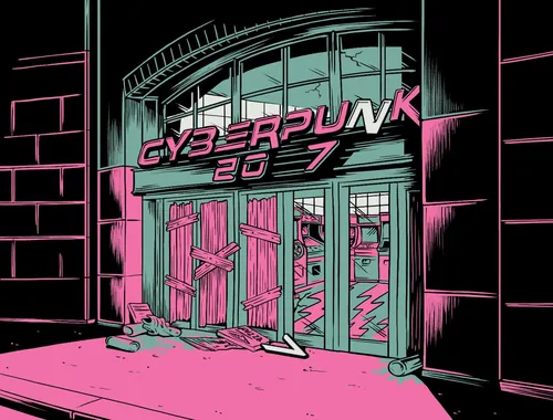 Entrada tapiada con un letrero de Cyberpunk 2077 por Cat Sims