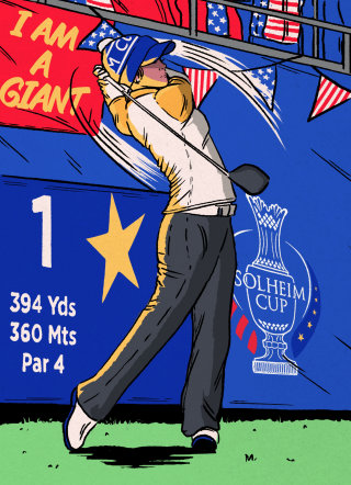 Hombre gráfico con tiro de golf en campeonato.
