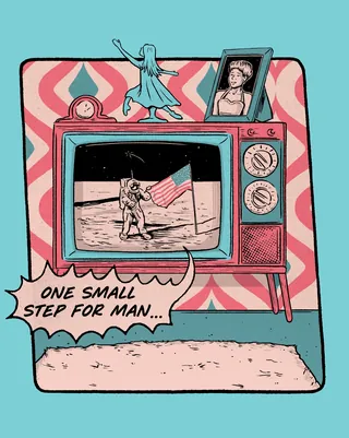 Retro TV showing moon landing with astronaut planting flag, illustrated by Cat Sims