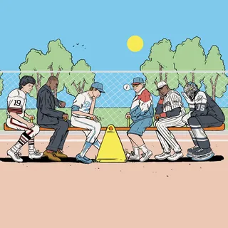 Baseball players and coach sitting on benches by fence under bright sun by Cat Sims